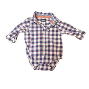 OshKosh Plaid Button‎ Down Bodysuit Orange Blue Checkered 12M